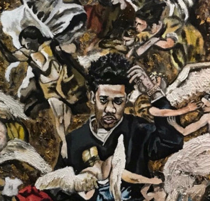 Central male figure surrounded by wings and overlapping figures, artwork by Tyrone Perry