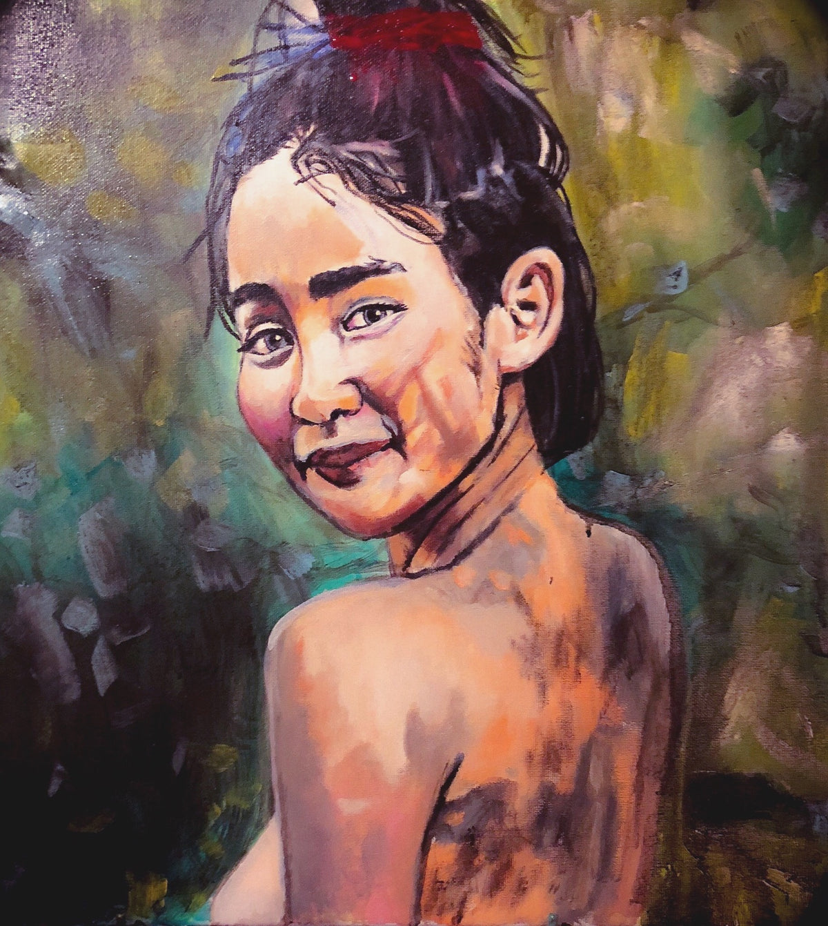 Colorful painted portrait of a young woman looking over her shoulder, by Tyrone Perry